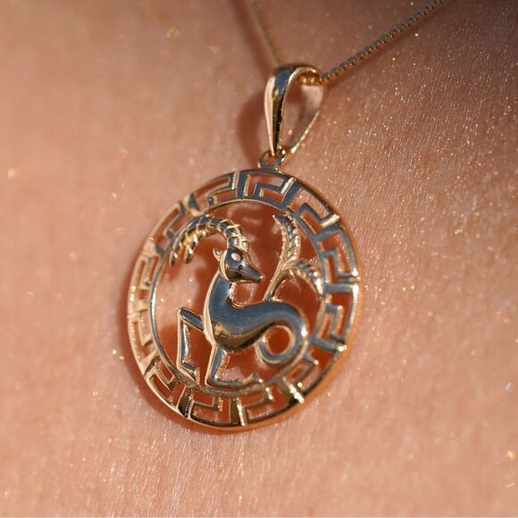 14K Solid Gold Round Capricorn Zodiac Sign Charm | Elegant Astrology Pendant | - Picture 9 of 13